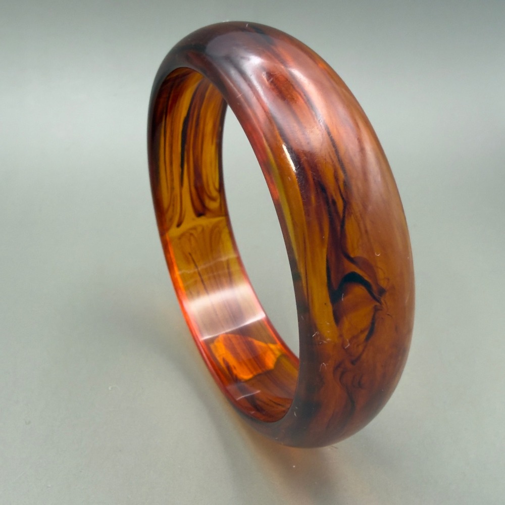 Faux Tortoise Shell Bangle Bracelet Amber Brown Resin Acrylic Domed Slip On